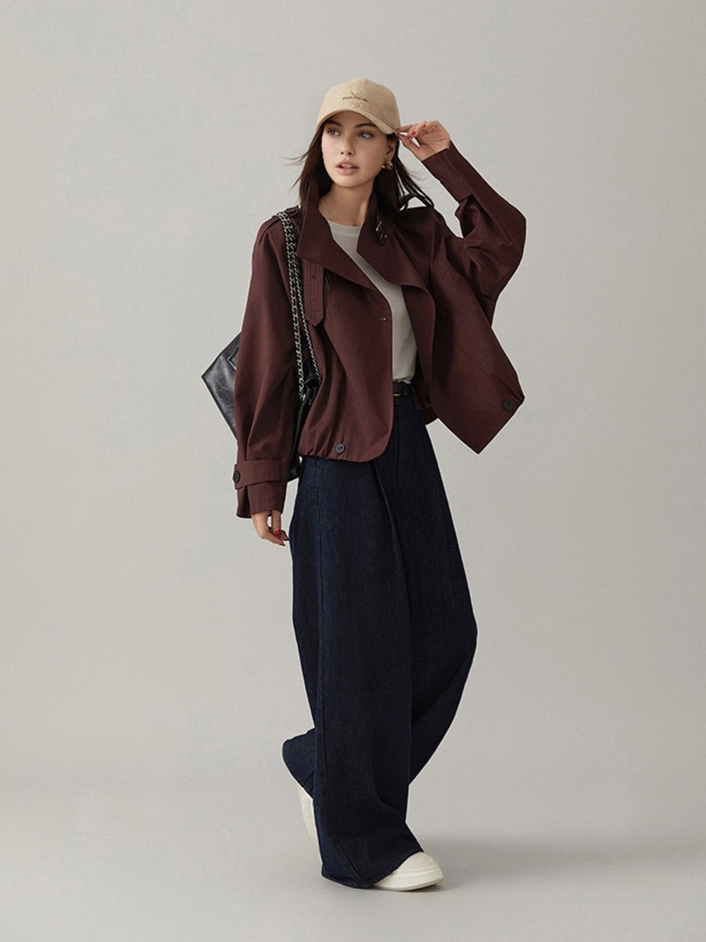 Commense Burgundy Short Trench Jacket with Buckle Collar - Picture 2 of 5